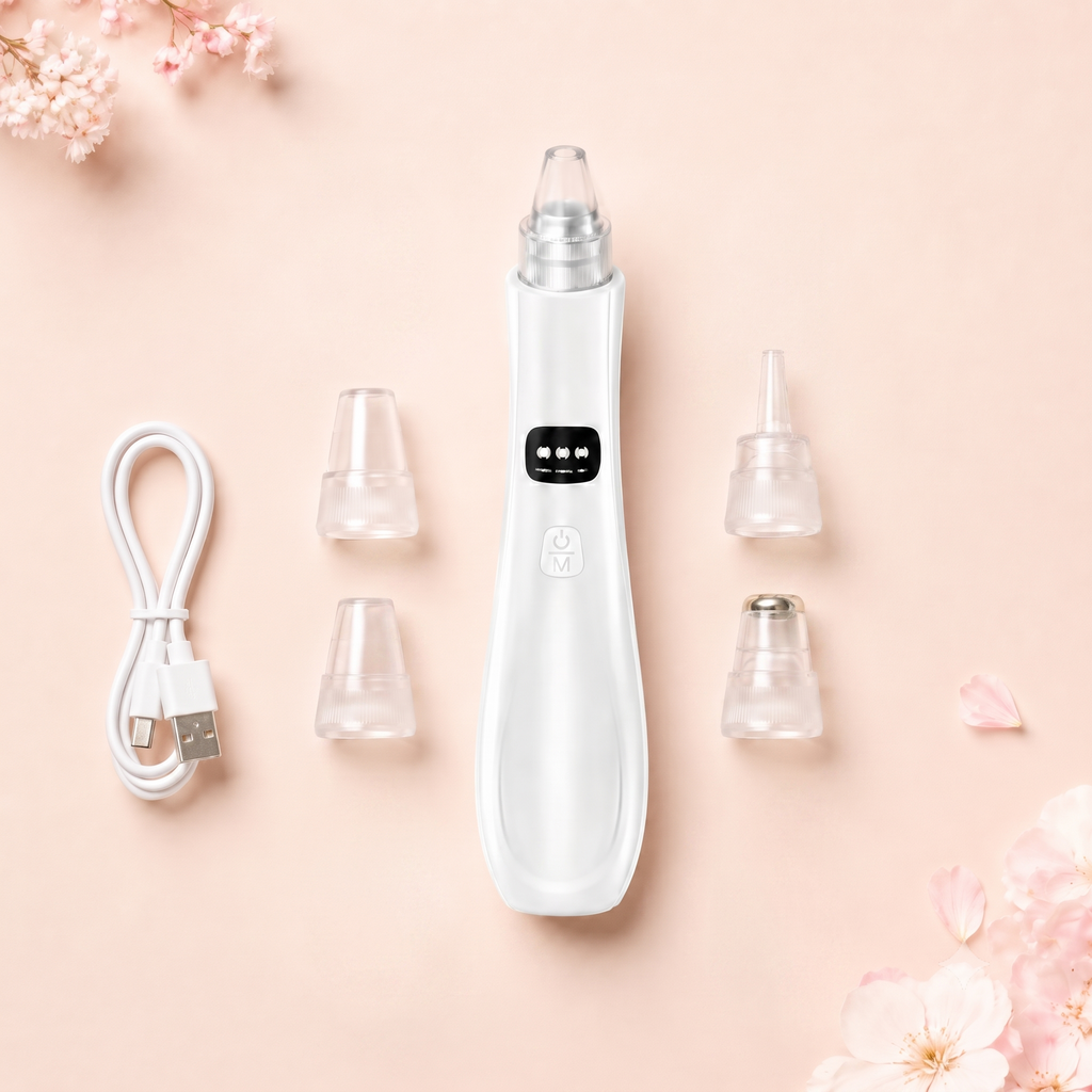 Aspirateur à points noirs Puryvé Pro avec ses 5 embouts interchangeables et son câble USB