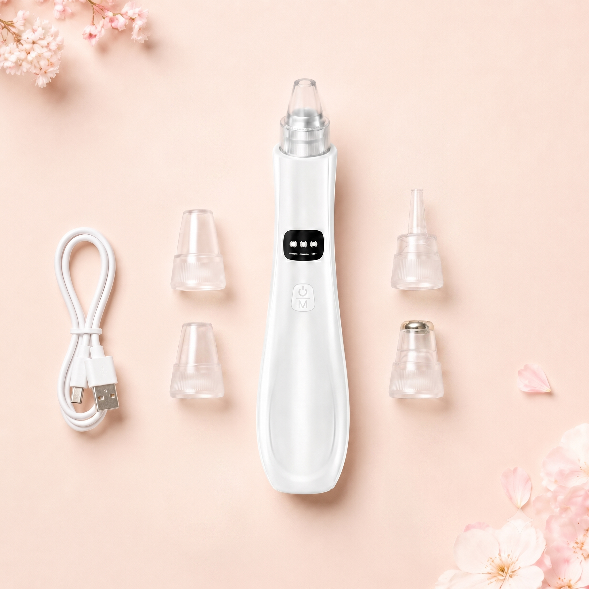 Aspirateur à points noirs Puryvé Pro avec ses 5 embouts interchangeables et son câble USB