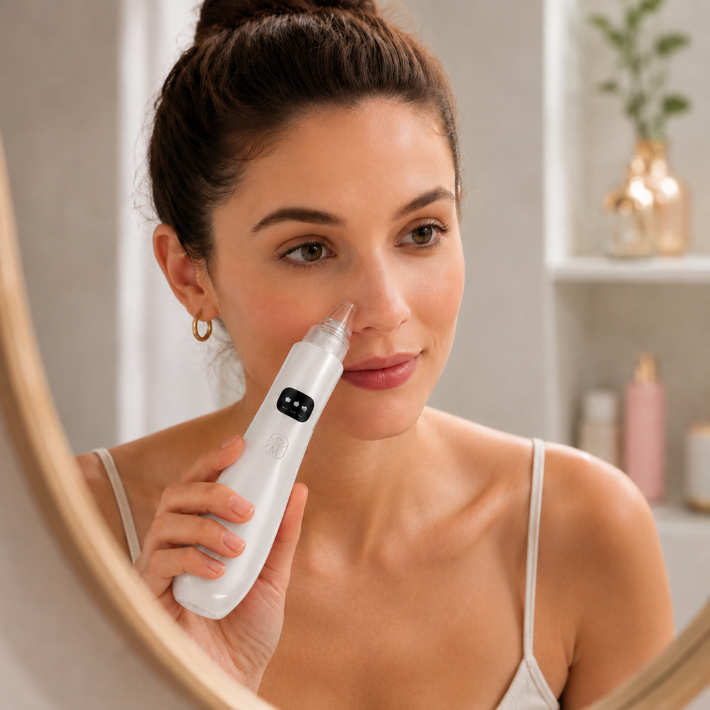 Aspirateur à points noirs Puryvé Pro utilisé sur le visage devant un miroir