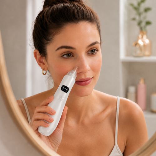Aspirateur à points noirs Puryvé Pro utilisé sur le visage devant un miroir